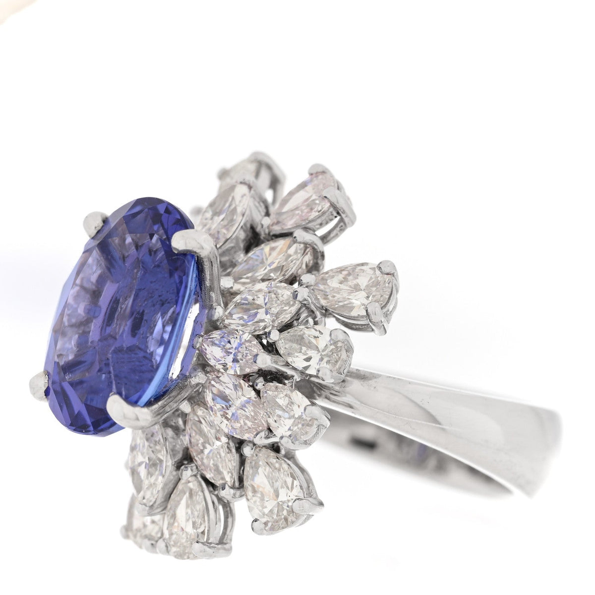 18K White Gold Diamond Tanzanite Oval Cocktail Ring 53 6.5