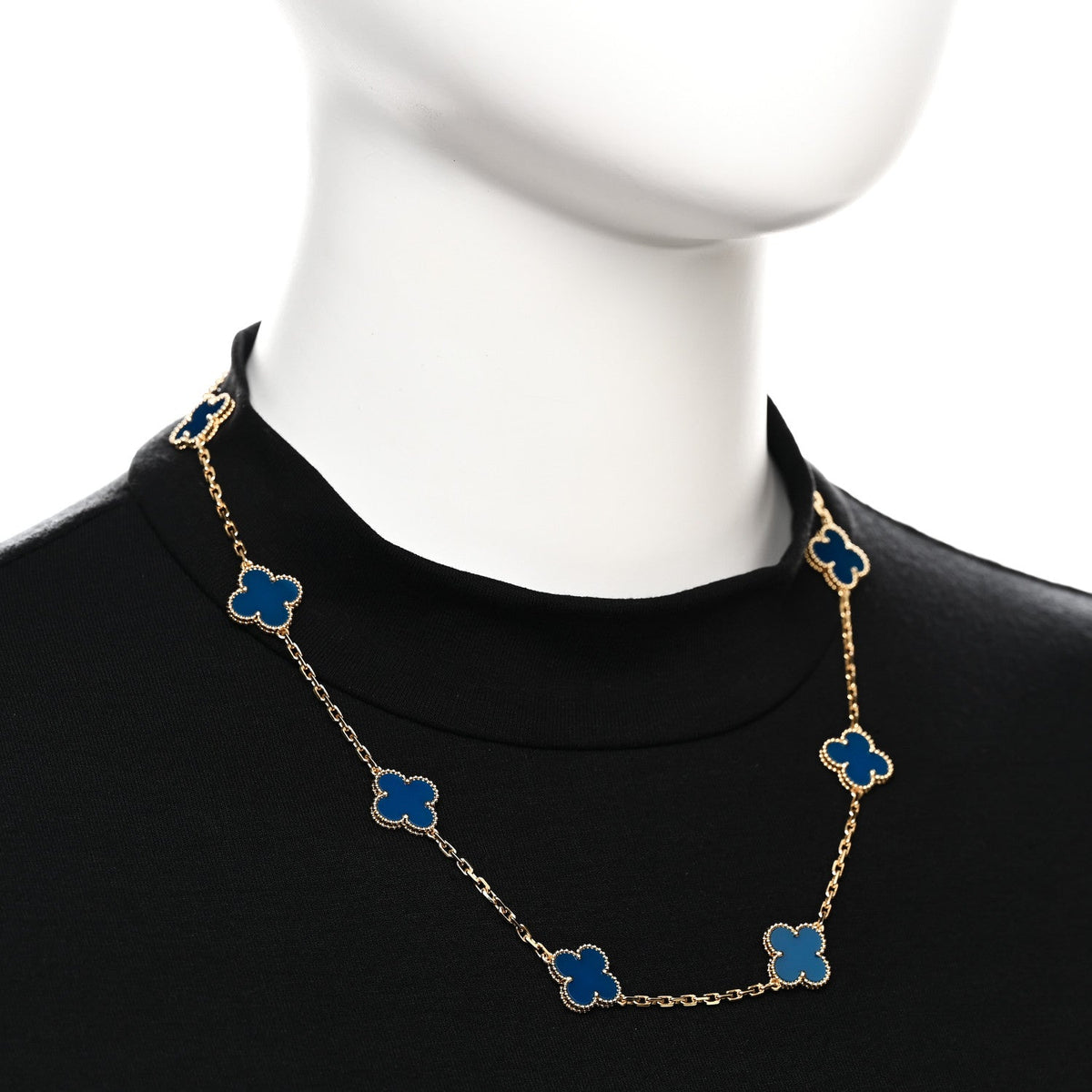 18K Yellow Gold Blue Agate 10 Motifs Vintage Alhambra Necklace