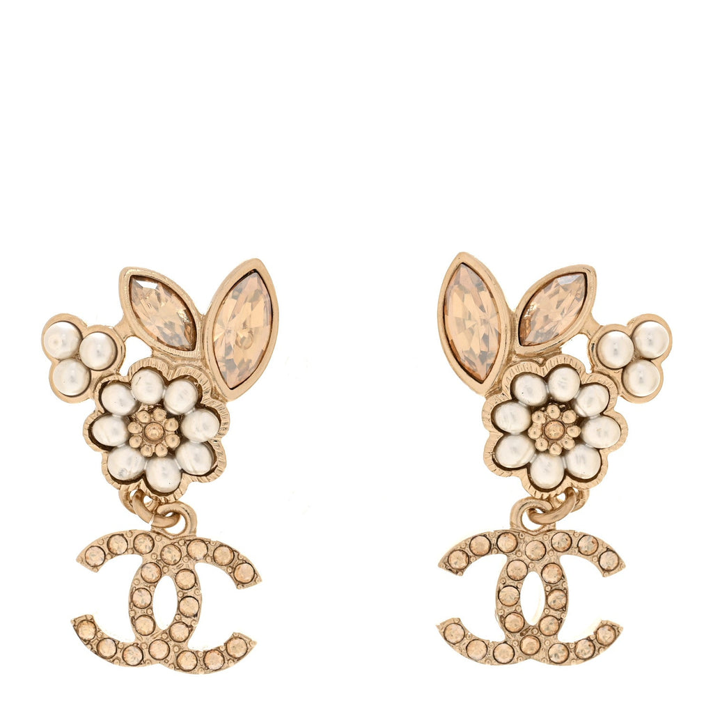 Pearl Crystal Drop CC Earrings Gold White