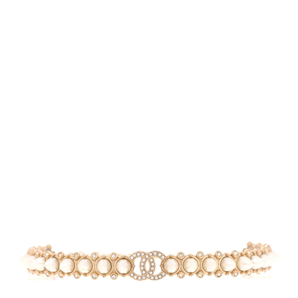 Spike Pearl Crystal CC Choker Necklace Gold Pearly White
