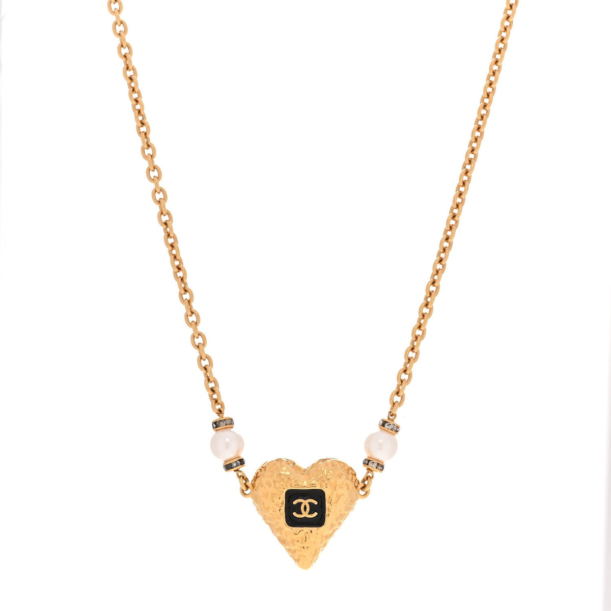 Resin Crystal Pearl Chain Heart CC Pendant Choker Necklace Black White Gold