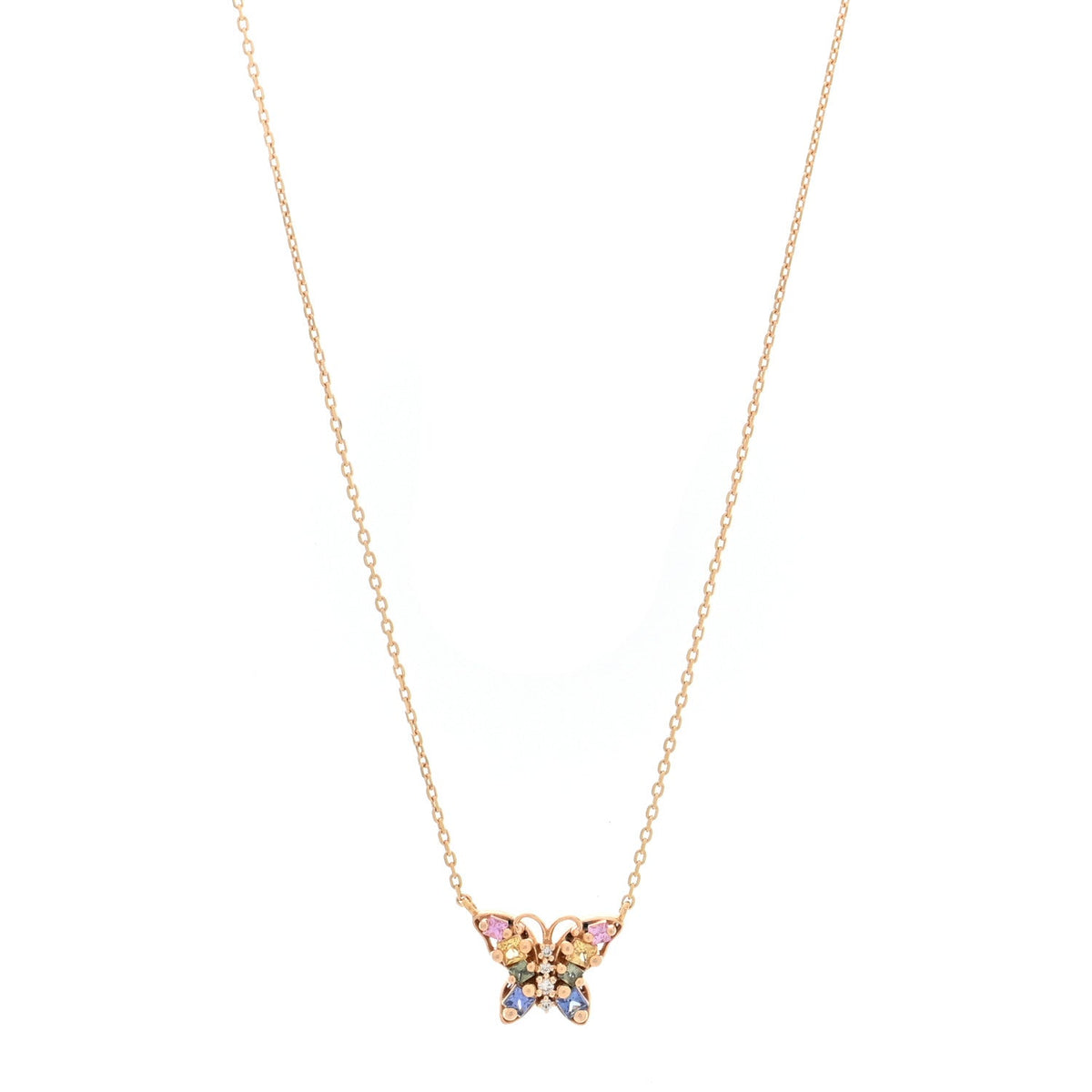 18K Rose Gold Sapphire Mini Princess Pastel Butterfly Pendant Necklace