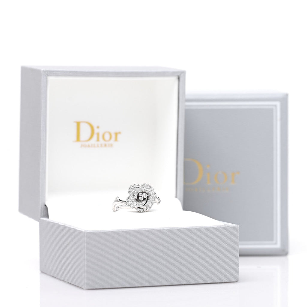 18K White Gold Diamond Small Rose Dior Bagatelle Ring 54 7