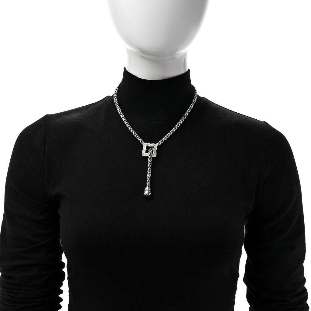 Sterling Silver Diamond Quatrefoil Lariat Wheat Chain Necklace