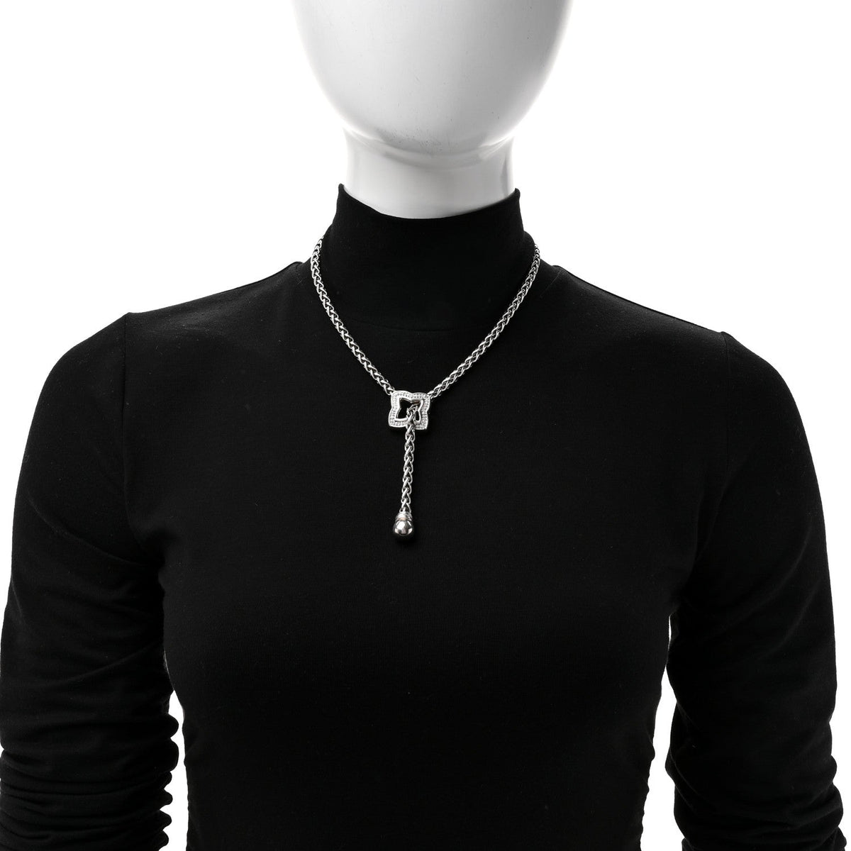 Sterling Silver Diamond Quatrefoil Lariat Wheat Chain Necklace