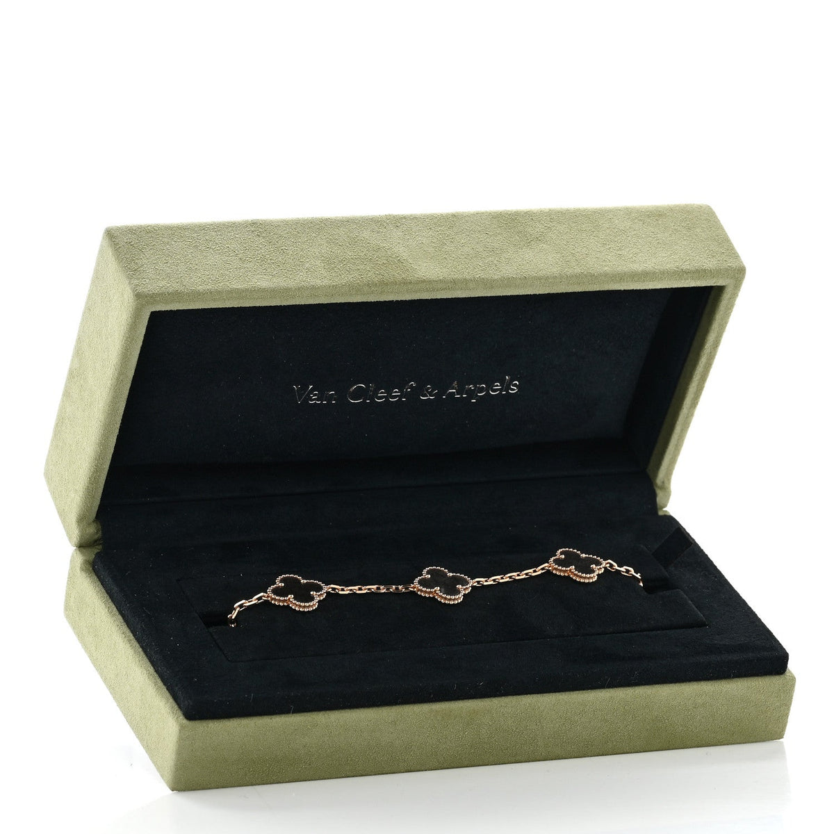 18K Rose Gold Silver Obsidian 5 Motifs Vintage Alhambra Bracelet