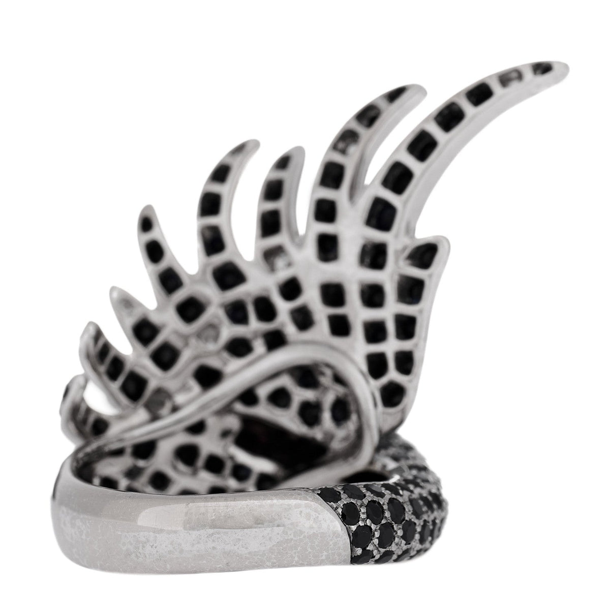 18K White Gold Diamond Black Sapphire Ruby Cypris Swan Ring 52 6