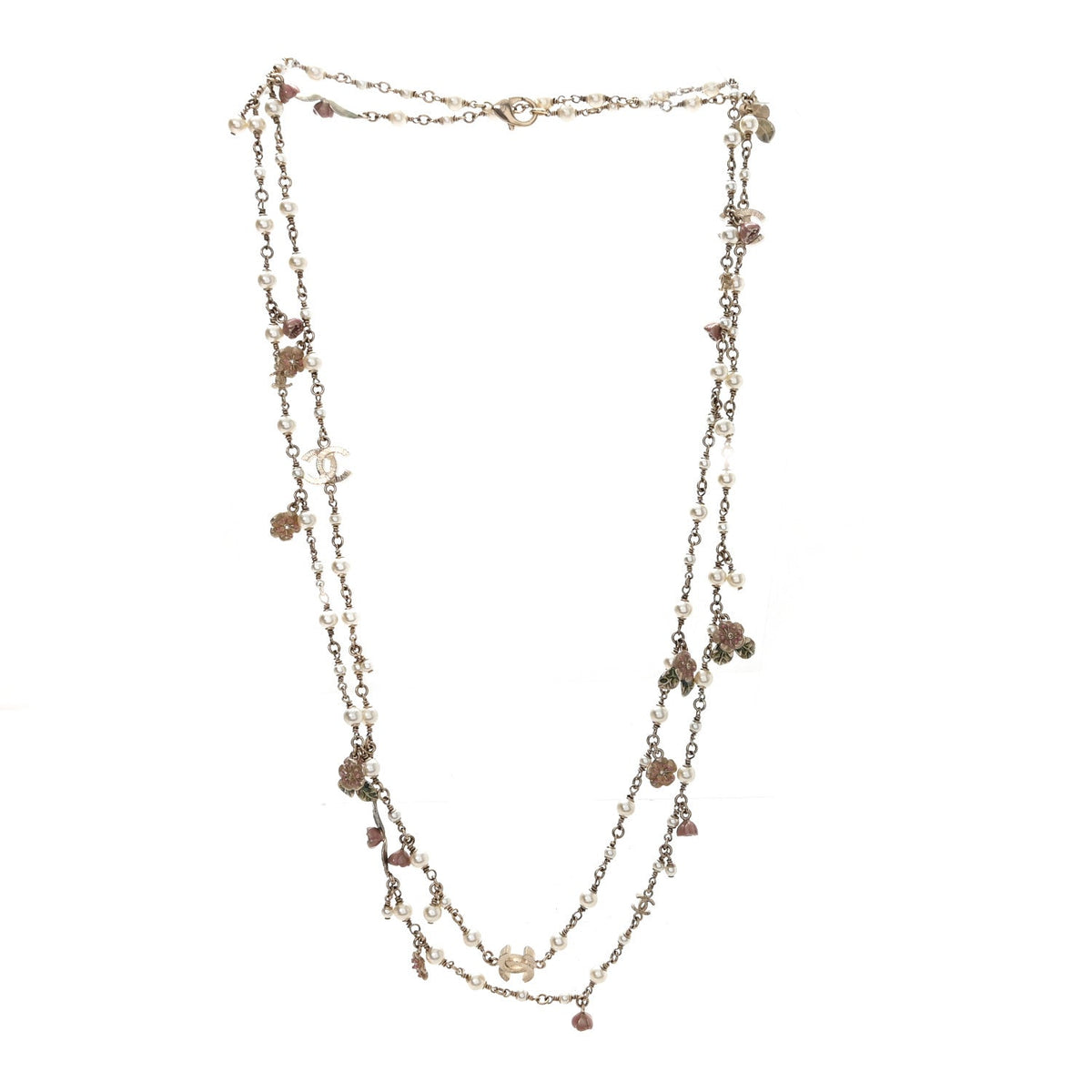 Pearl Enamel CC Camellia Long Necklace Gold Beige Pink