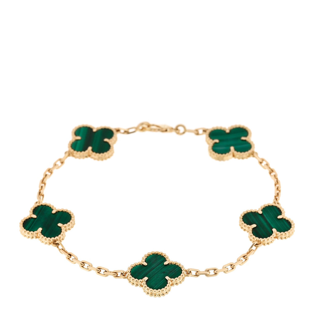 18K Yellow Gold Malachite 5 Motifs Vintage Alhambra Bracelet