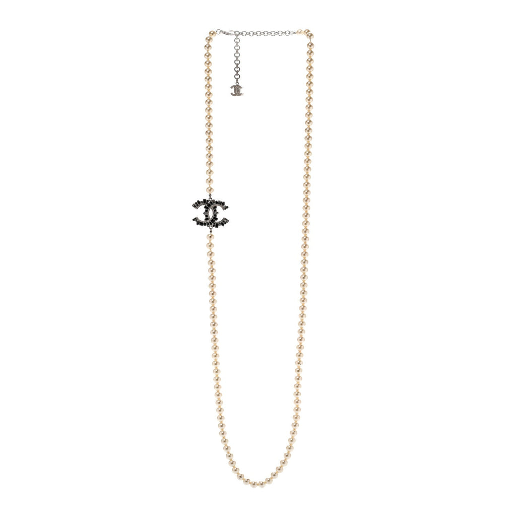 Pearl Crystal Lambskin CC Long Necklace Gold Black