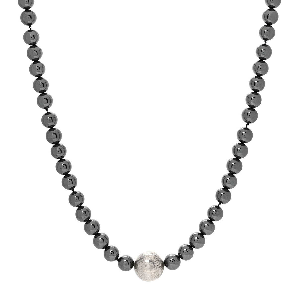 Sterling Silver Hematite Hammered Bead Station Necklace