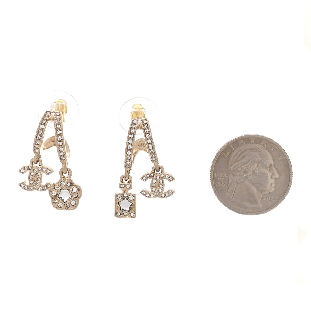 Crystal CC Camellia Perfume Bottle Double Hoop Earrings Gold