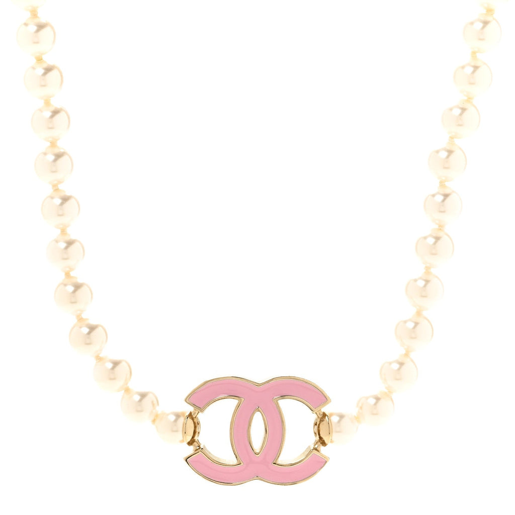 Pearl Enamel CC Choker Necklace Gold White Pink