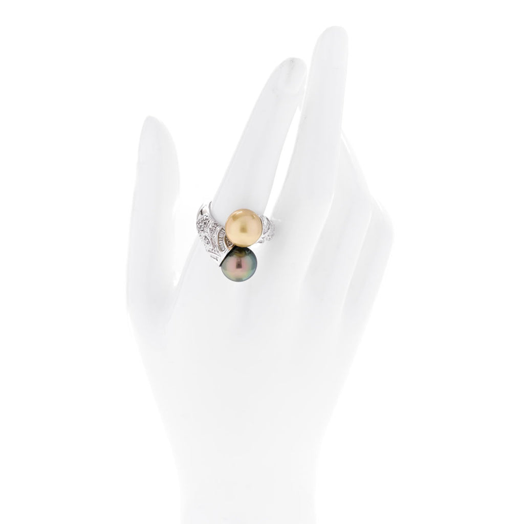 14K White Gold Diamond Gold Black Cultured Pearl .45ctw Bypass Ring 56 7.5