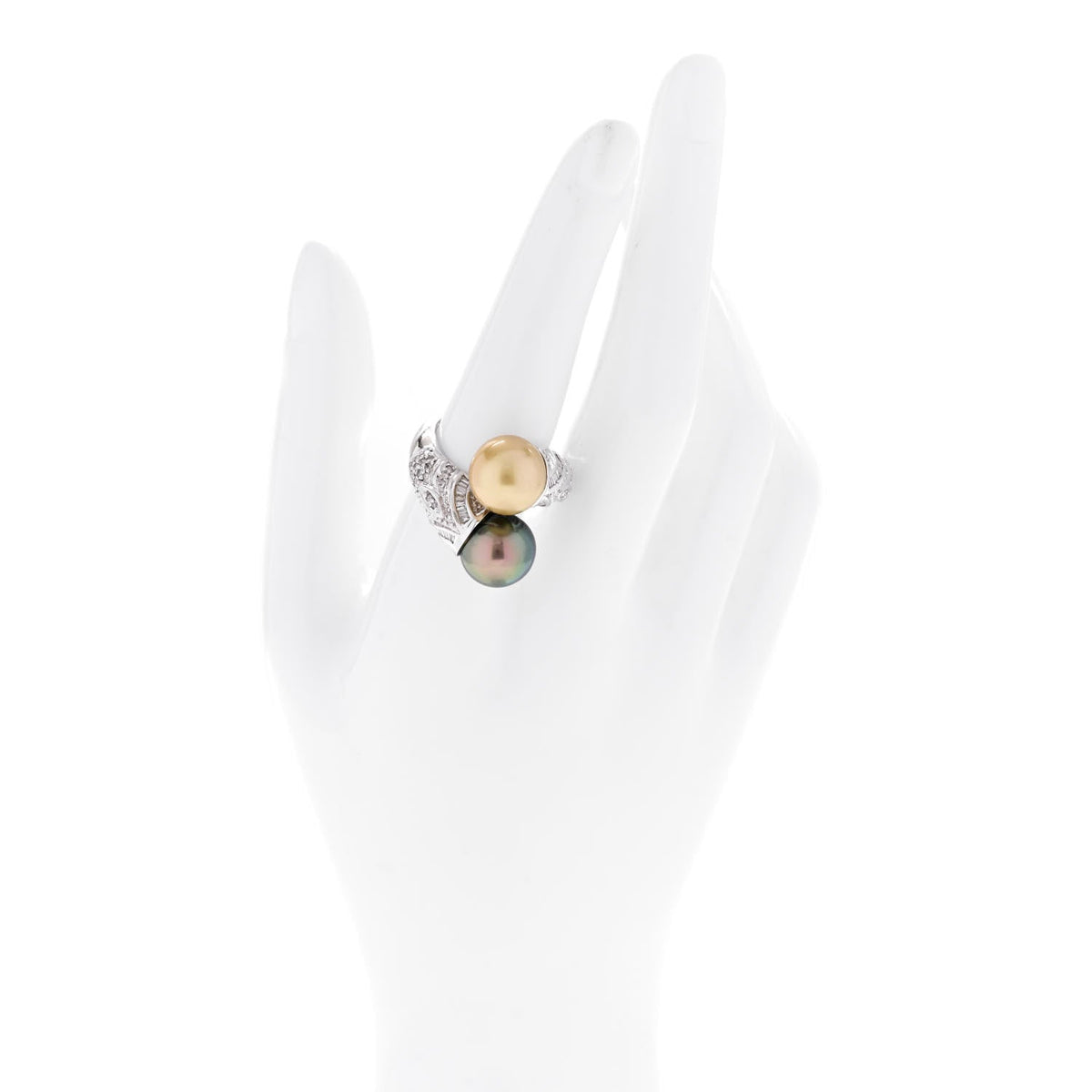 14K White Gold Diamond Gold Black Cultured Pearl .45ctw Bypass Ring 56 7.5