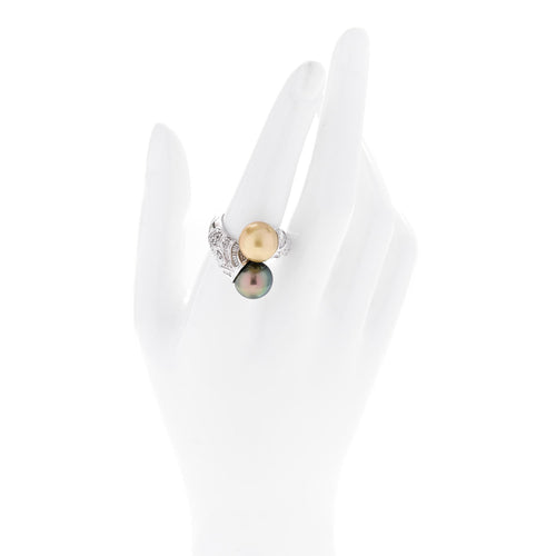 14K White Gold Diamond Gold Black Cultured Pearl .45ctw Bypass Ring 56 7.5
