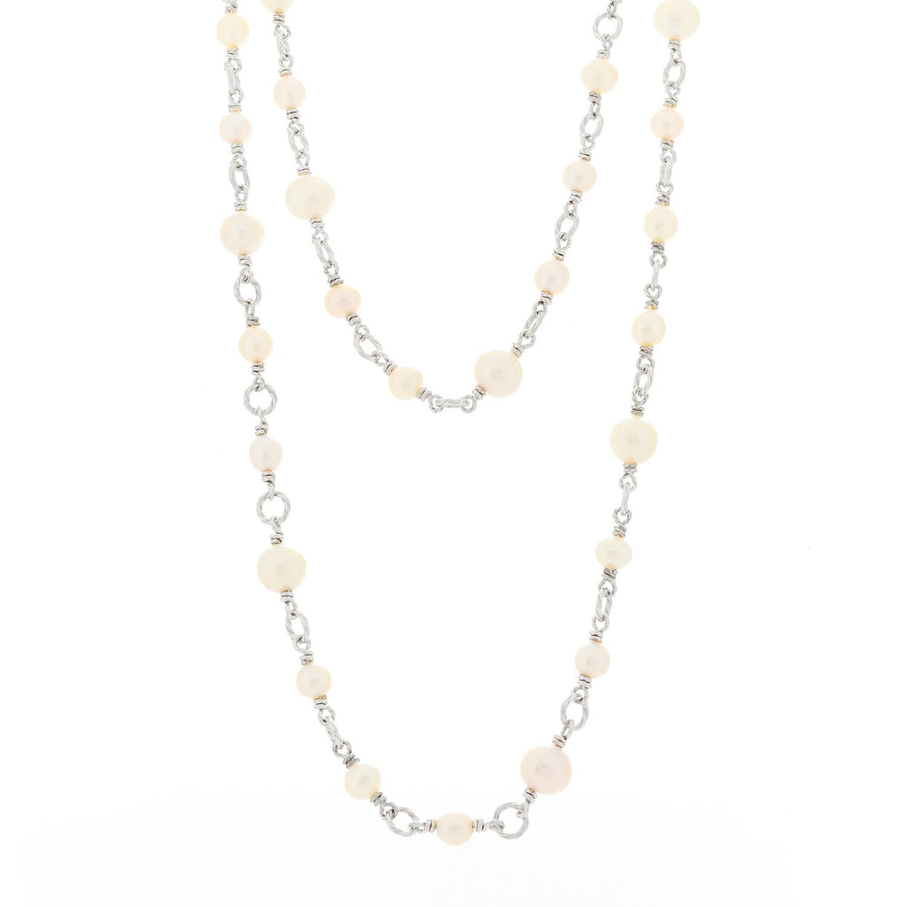 Sterling Silver Cultured Pearl Quatrefoil Long Chain Necklace
