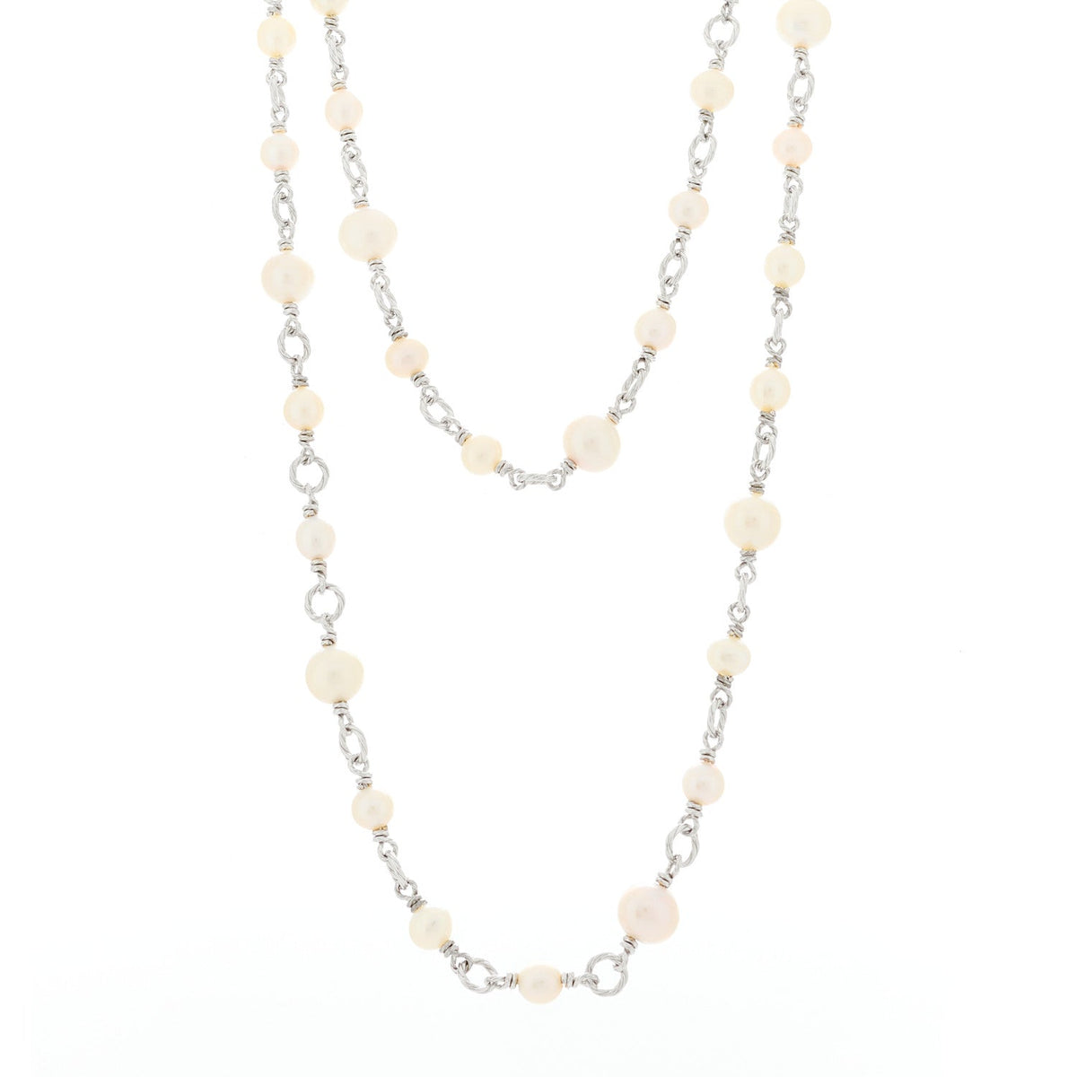 Sterling Silver Cultured Pearl Quatrefoil Long Chain Necklace