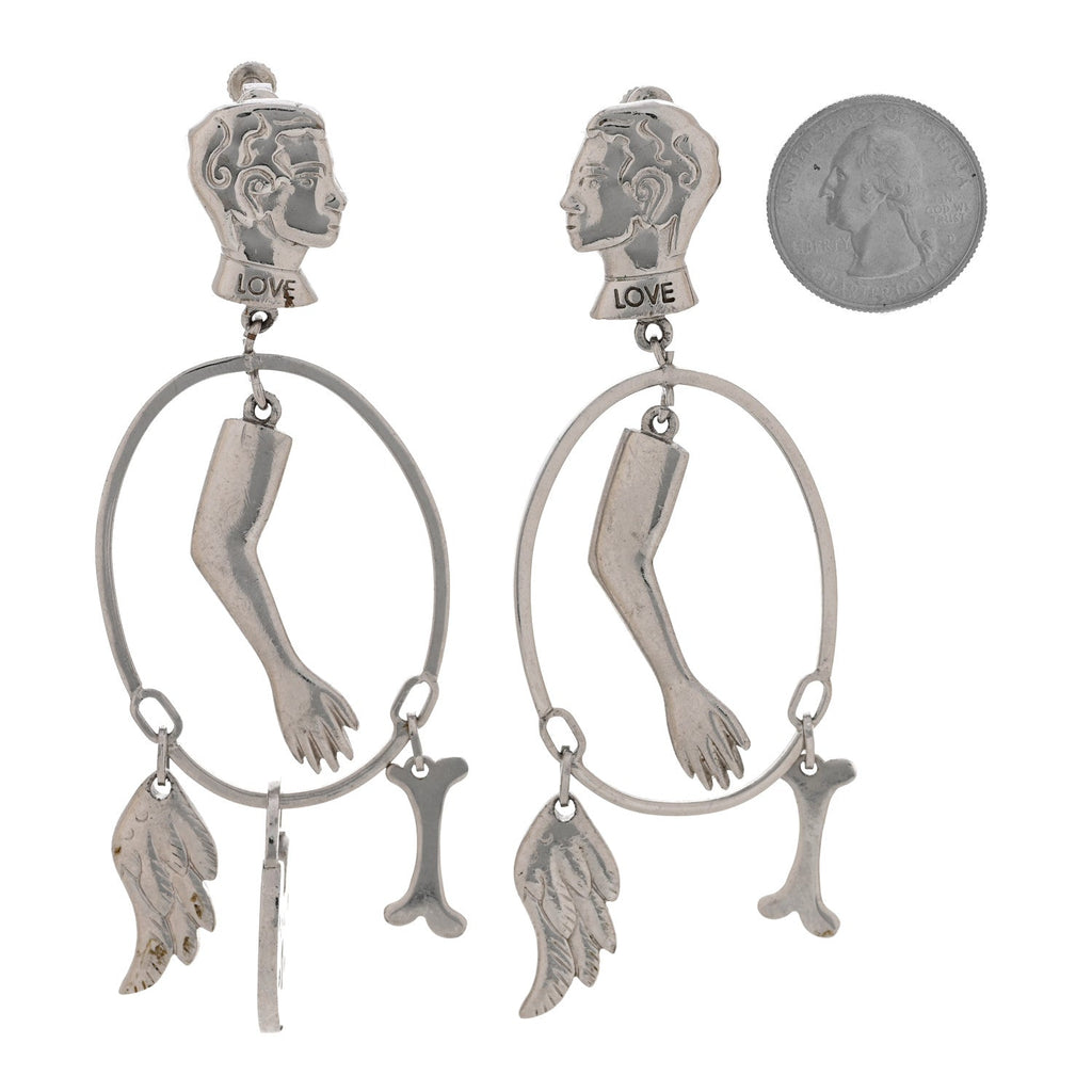 Metal Multi Charm Oval Clip On Drop Earrings Silver