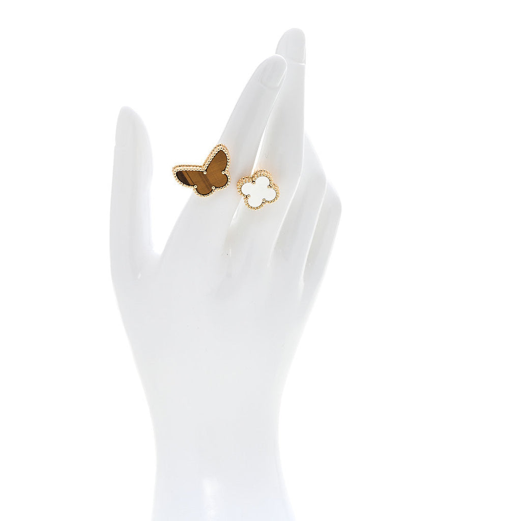 18K Yellow Gold Mother of Pearl Tiger Eye Lucky Alhambra Between the Finger Ring 53 6.5