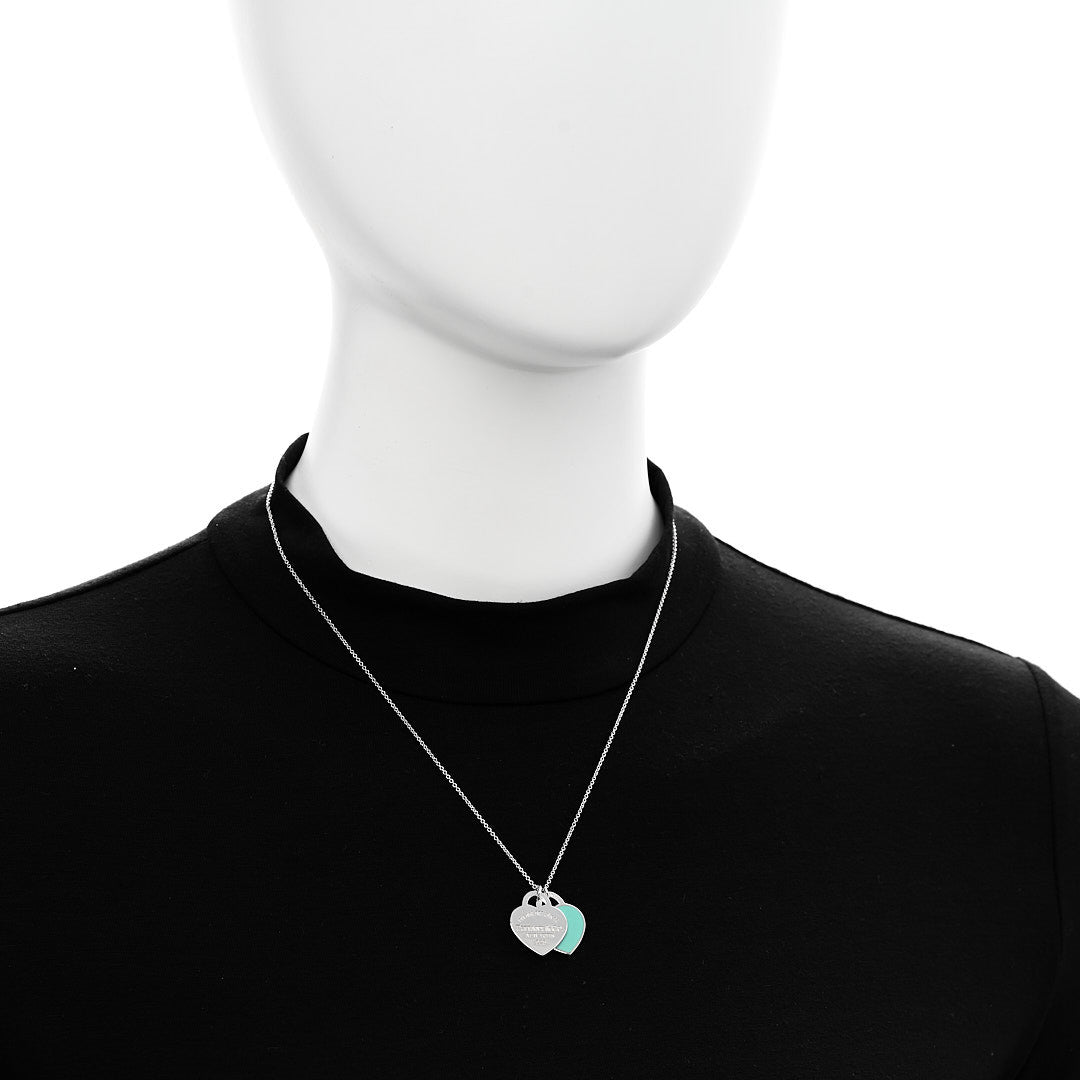 Sterling Silver Enamel Return to Tiffany Double Heart Tag Pendant Necklace Blue
