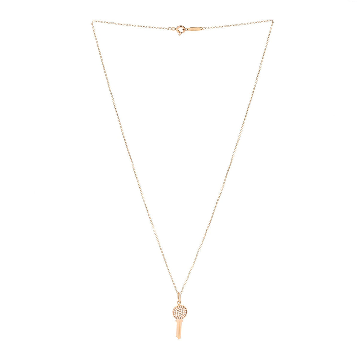 18K Rose Gold Diamond Mini Modern Keys Round Key Pendant Necklace