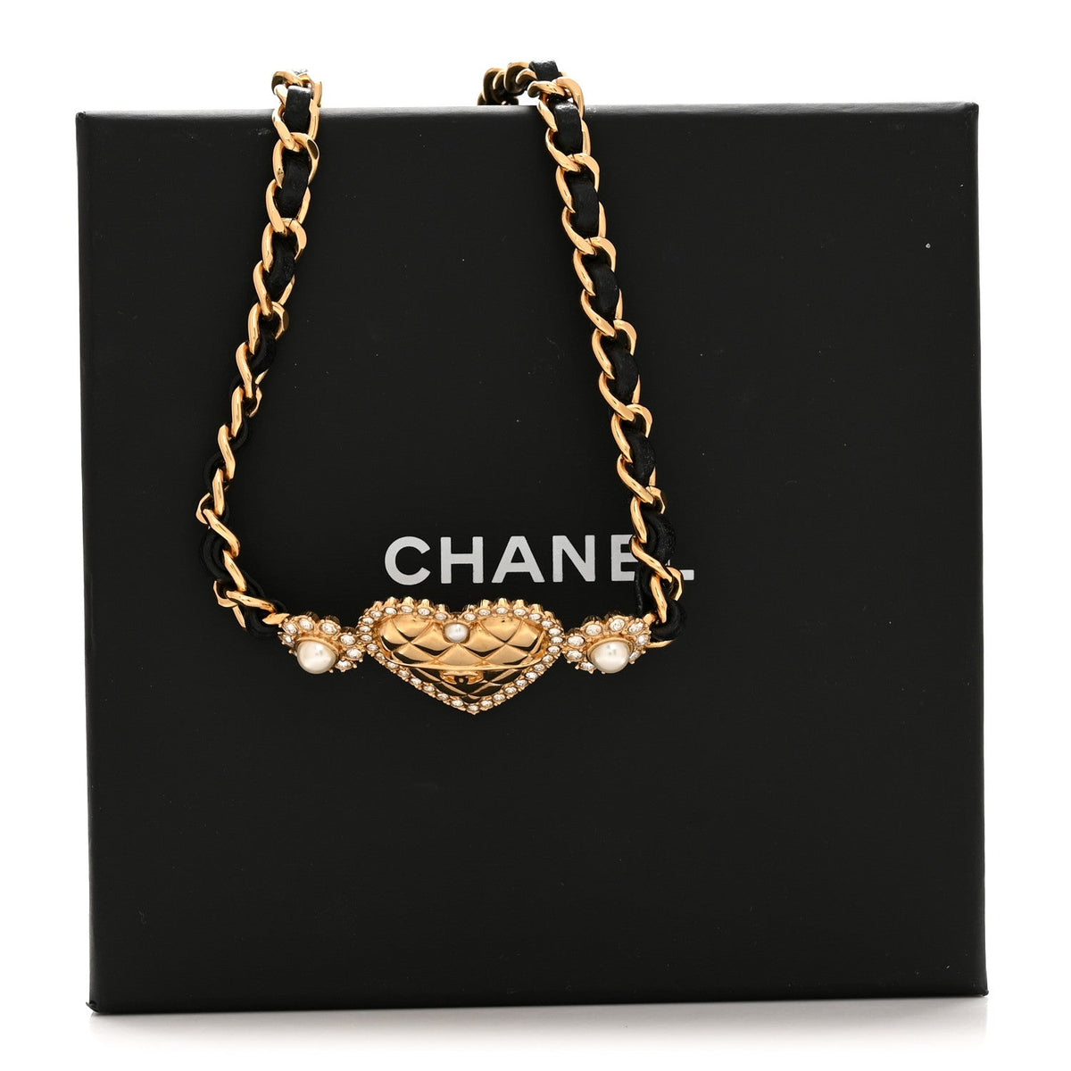 Metal Lambskin Glass Pearl Strass Heart Choker Gold Black