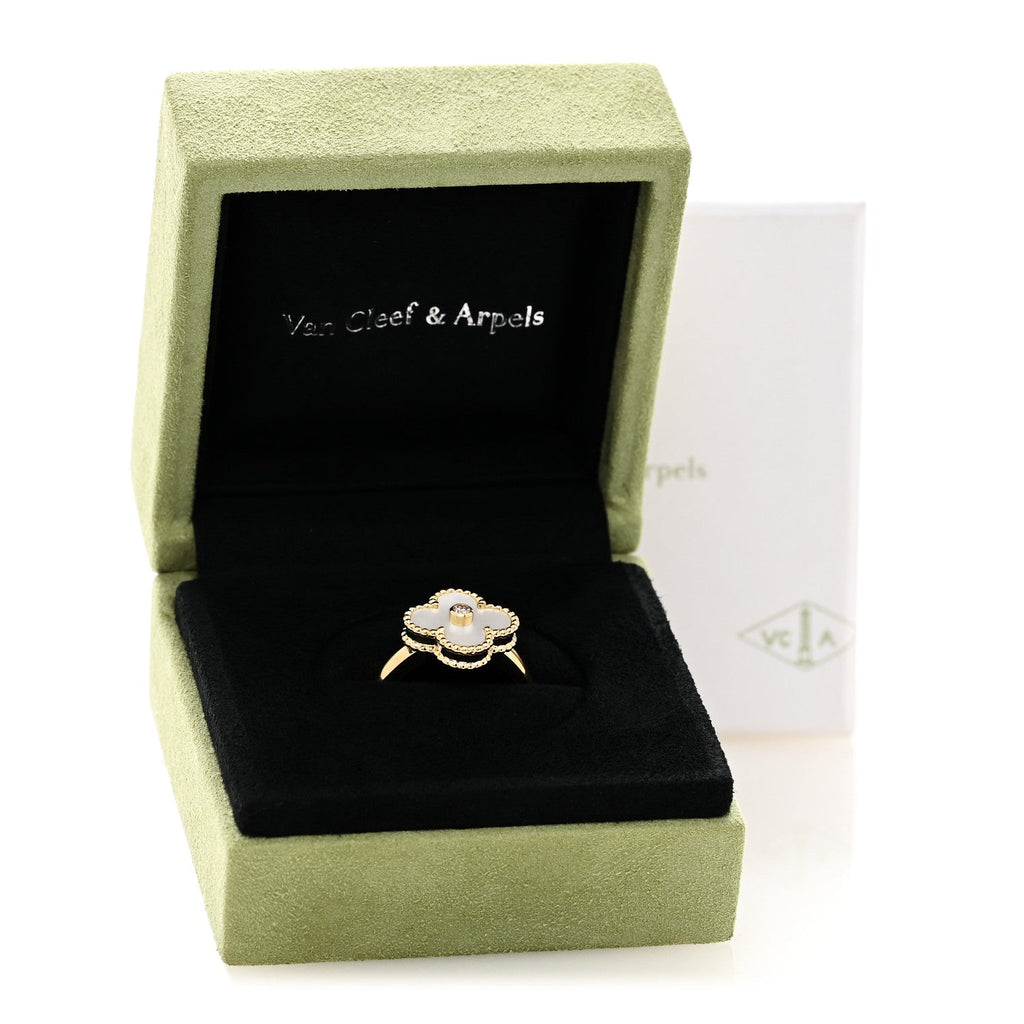 18K Yellow Gold Diamond Mother of Pearl Vintage Alhambra Ring 54 6.75