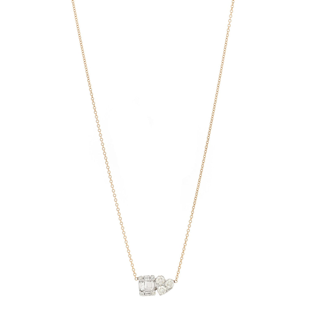 14K Yellow White Gold Diamond Heart and Square Necklace