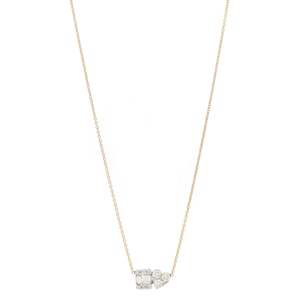 14K Yellow White Gold Diamond Heart and Square Necklace