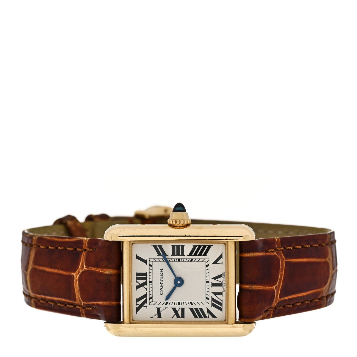 18K Yellow Gold Alligator 22mm Tank Louis Quartz Watch Brown