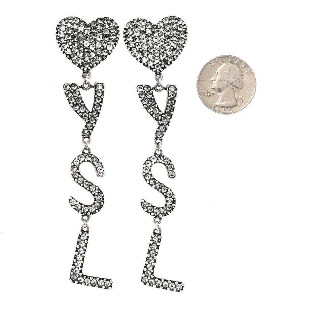 Brass Crystal Monogram Heart Drop Clip Earrings Silver