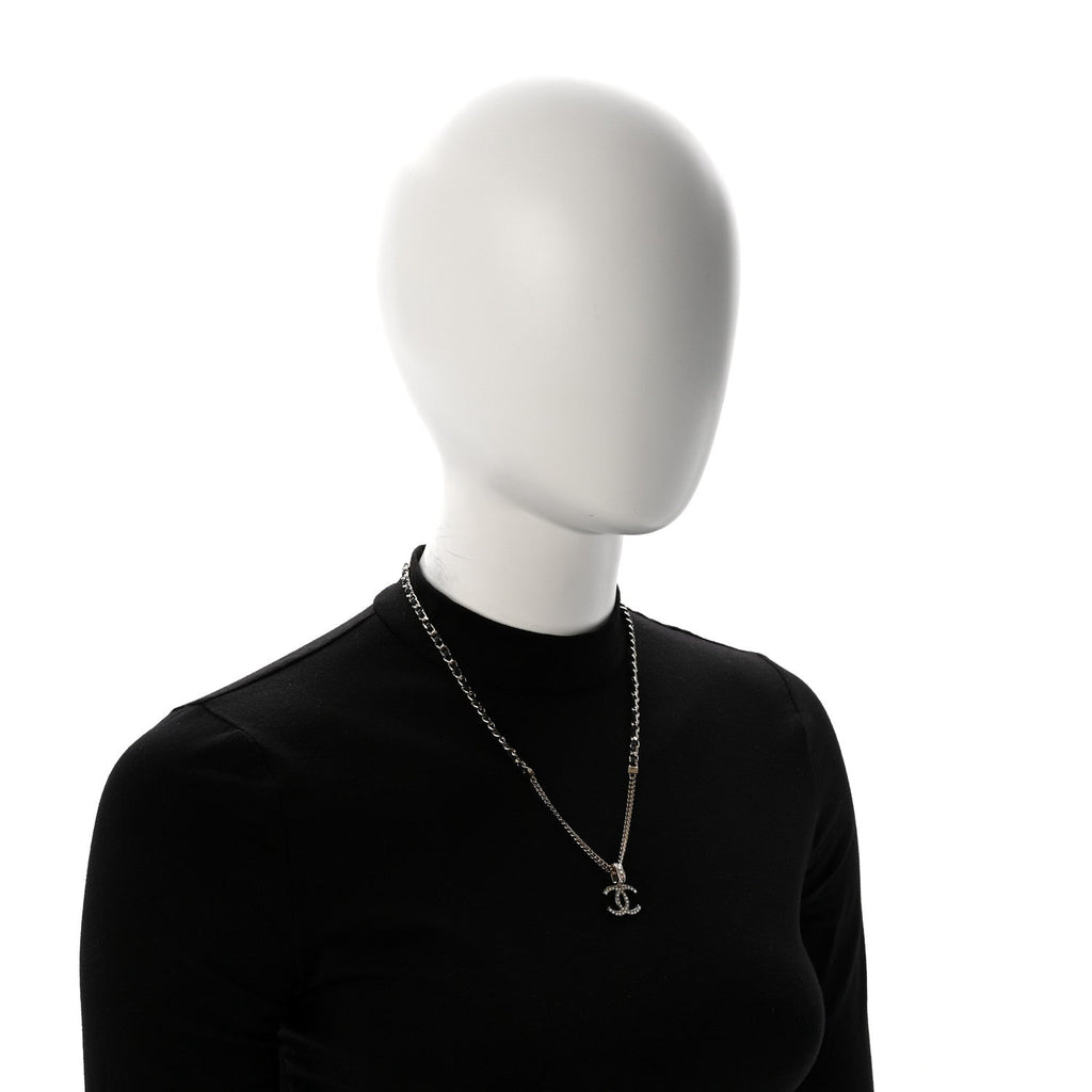Lambskin Crystal CC Chain Pendant Necklace Black Gold