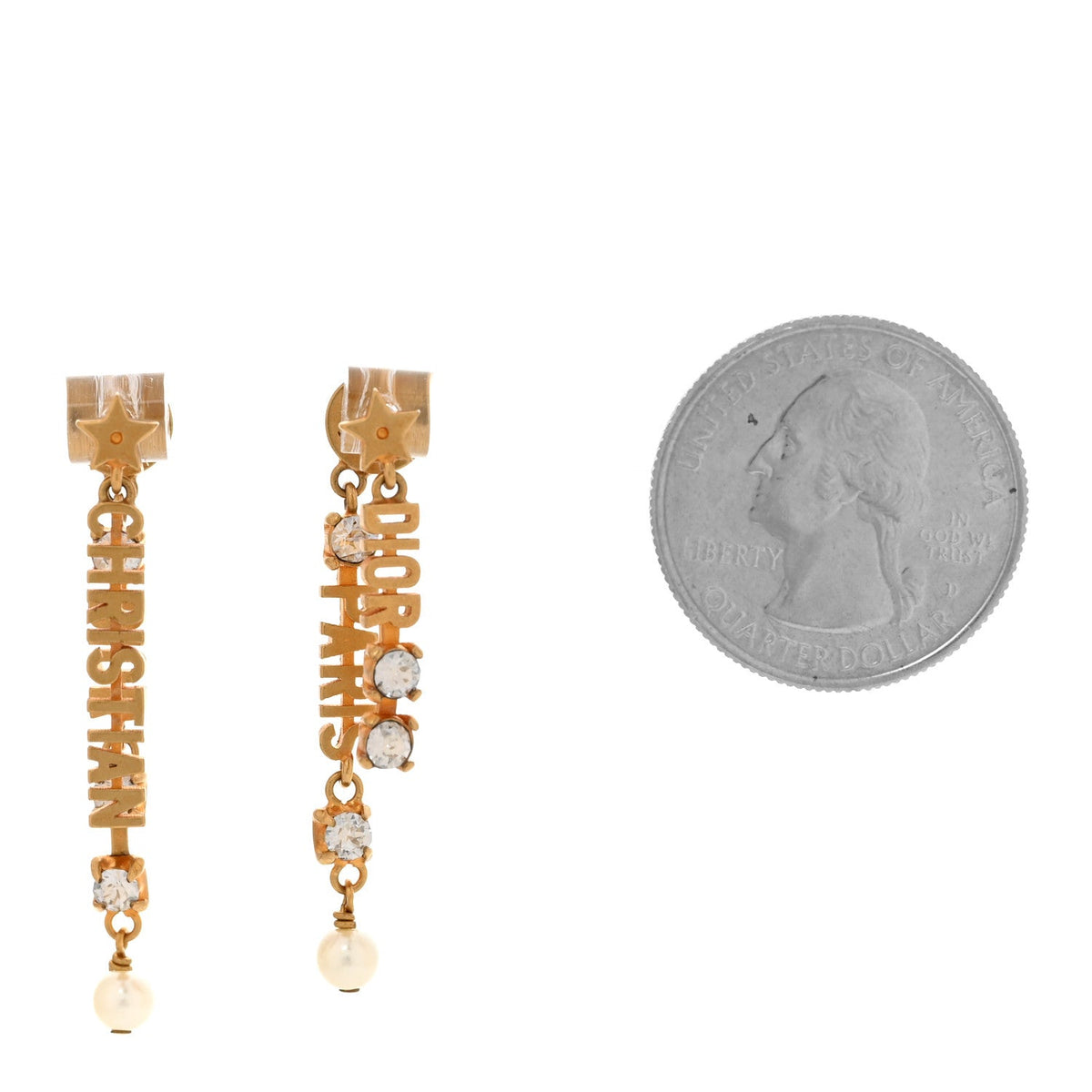 CHRISTIAN Crystal Pearl Logo Dangle Earrings Gold