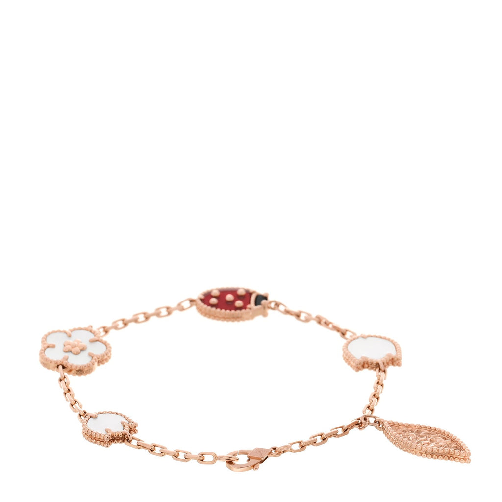 18K Rose Gold Carnelian Mother of Pearl Onyx 5 Motifs Lucky Spring Bracelet
