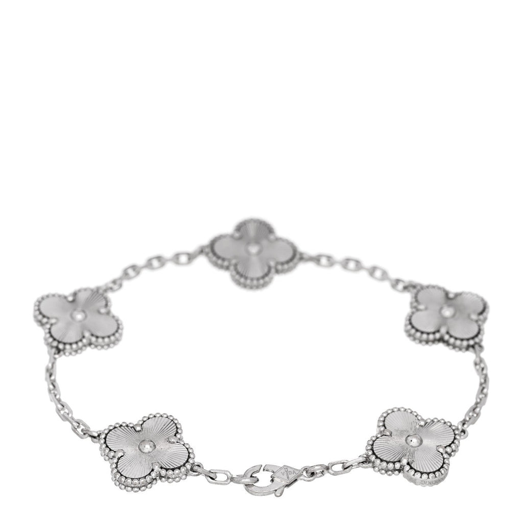 18K White Gold 5 Motifs Guilloche Vintage Alhambra Bracelet