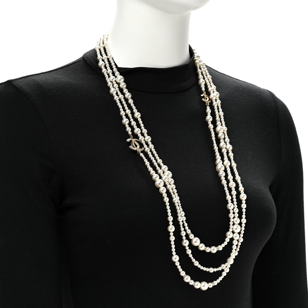 Metal Pearl Crystal Graduated CC Multi Strand Necklace Gold