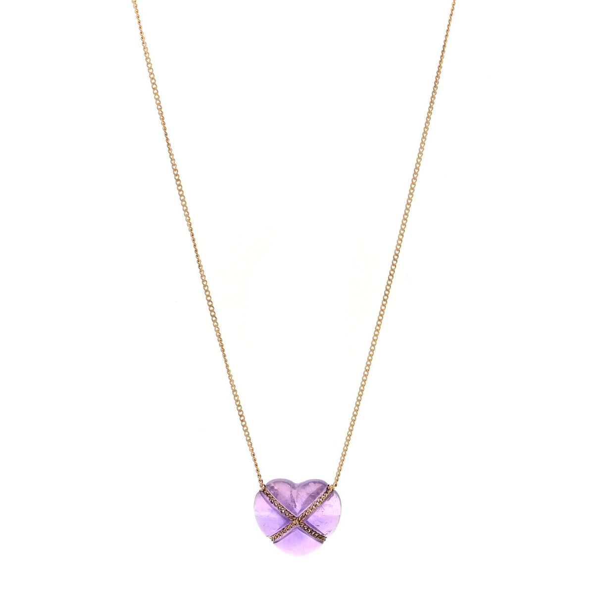 18K Yellow Gold Amethyst Crossover Heart Pendant Necklace