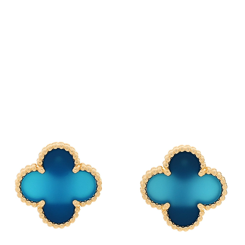 18K Yellow Gold Blue Agate Vintage Alhambra Earrings