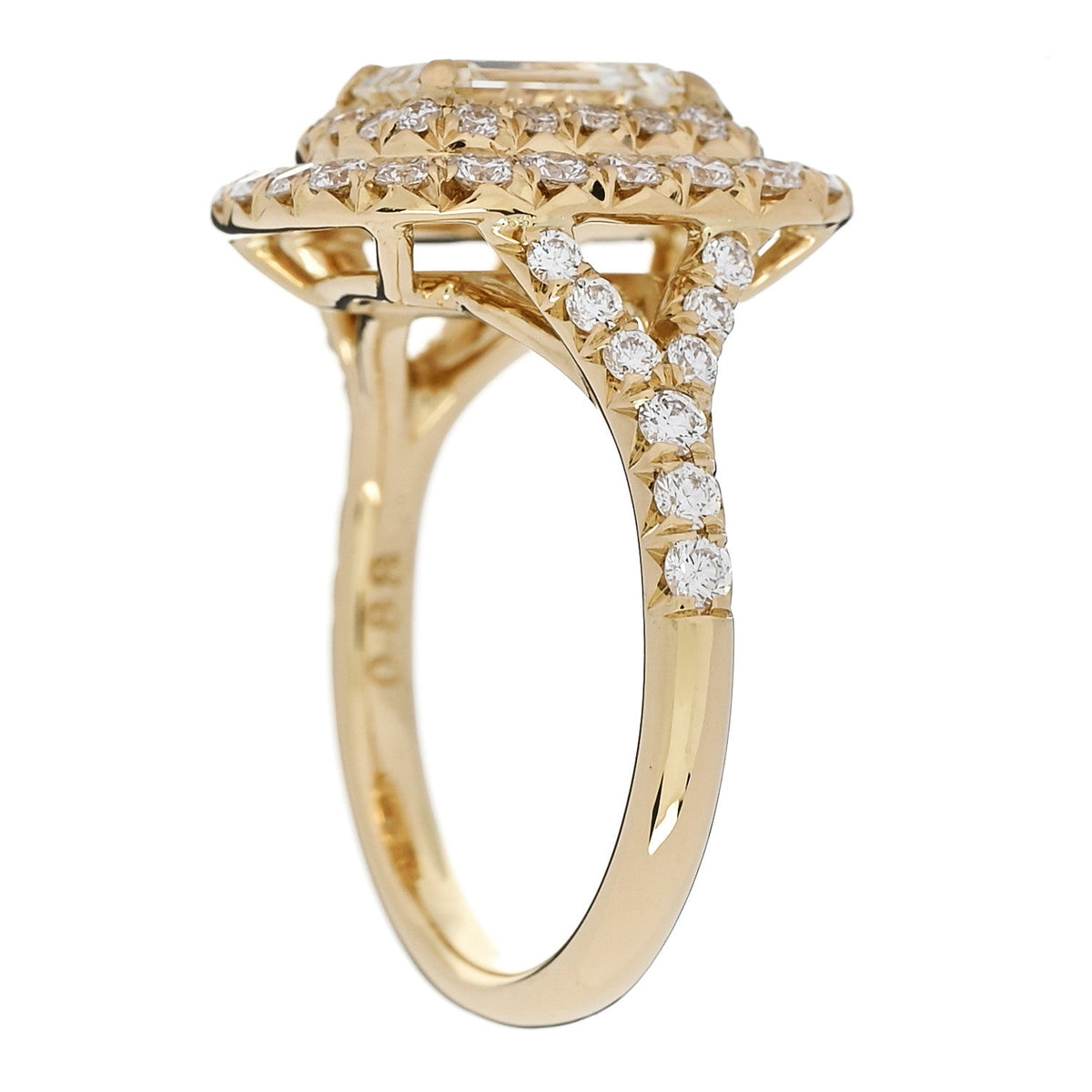 18K Yellow Gold Diamond 1.29ct Emerald Cut Double Halo Pave Engagement Ring 50 5.25