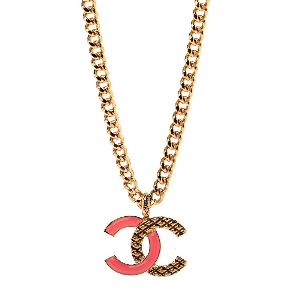 Metal Enamel Quilted CC Chain Necklace Pendant Gold Pink