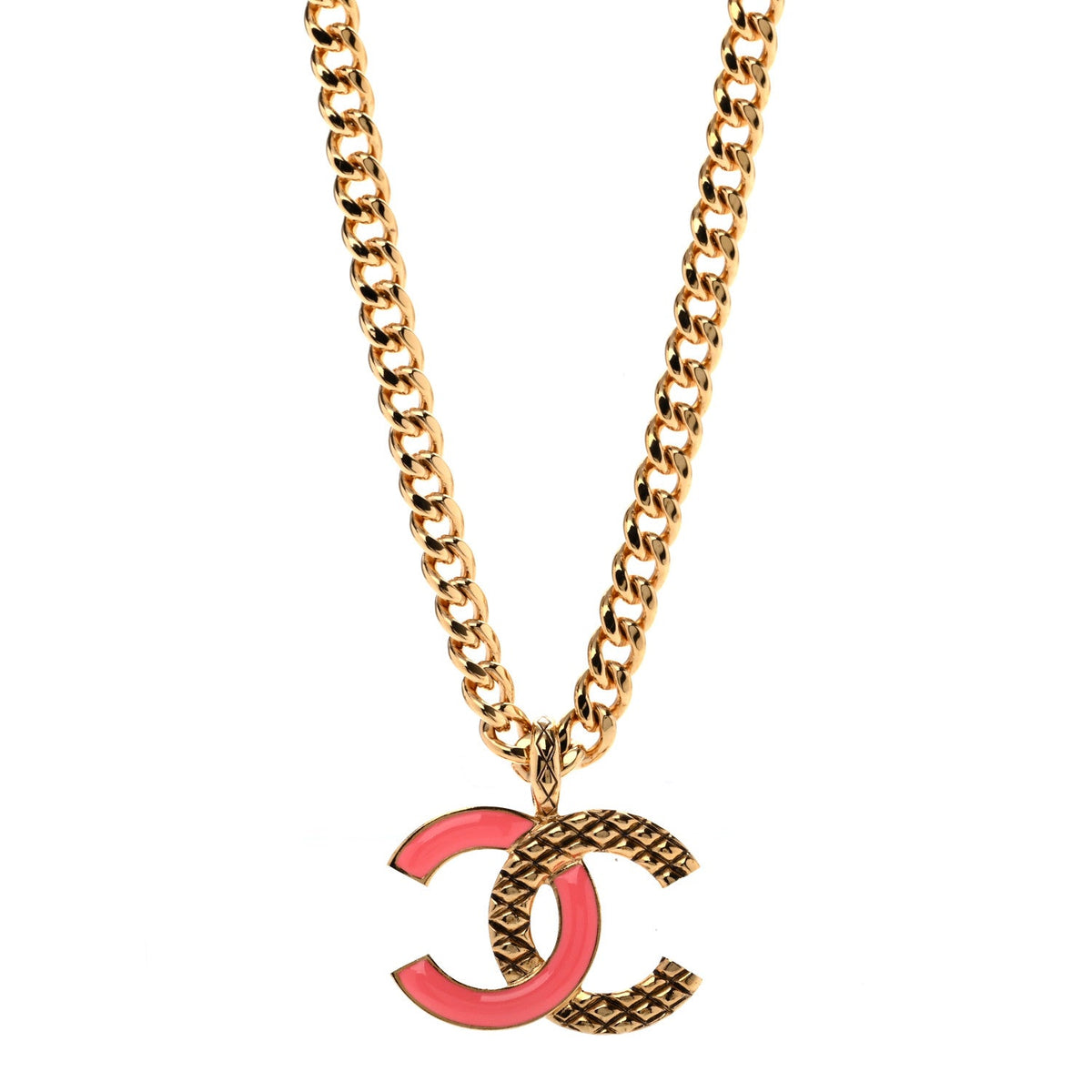 Metal Enamel Quilted CC Chain Necklace Pendant Gold Pink