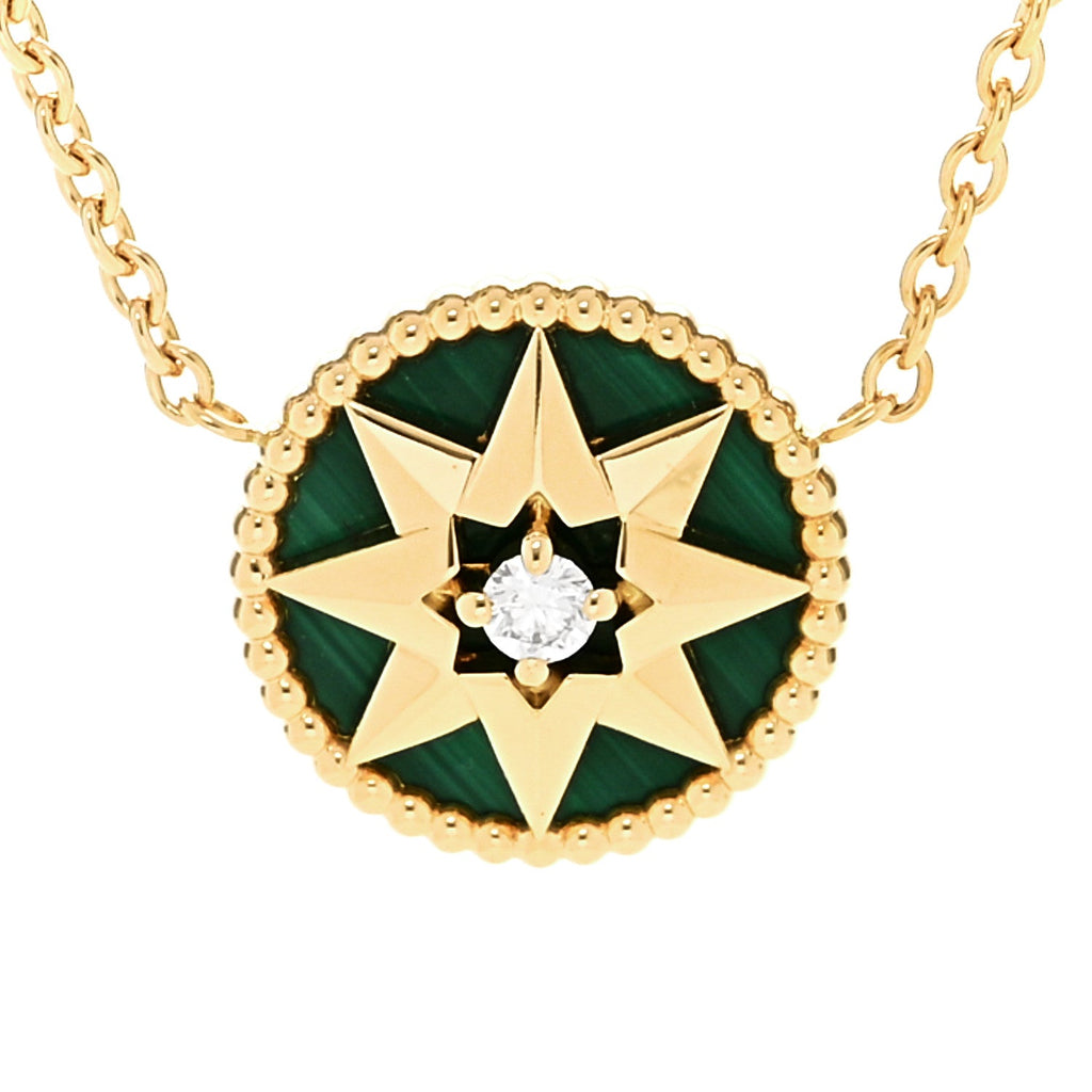 18K Yellow Gold Diamond Malachite Rose Des Vents Necklace