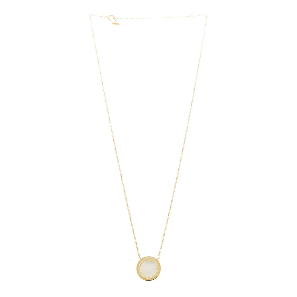 18K Yellow Gold Diamond Mother of Pearl T Circle Pendant Necklace
