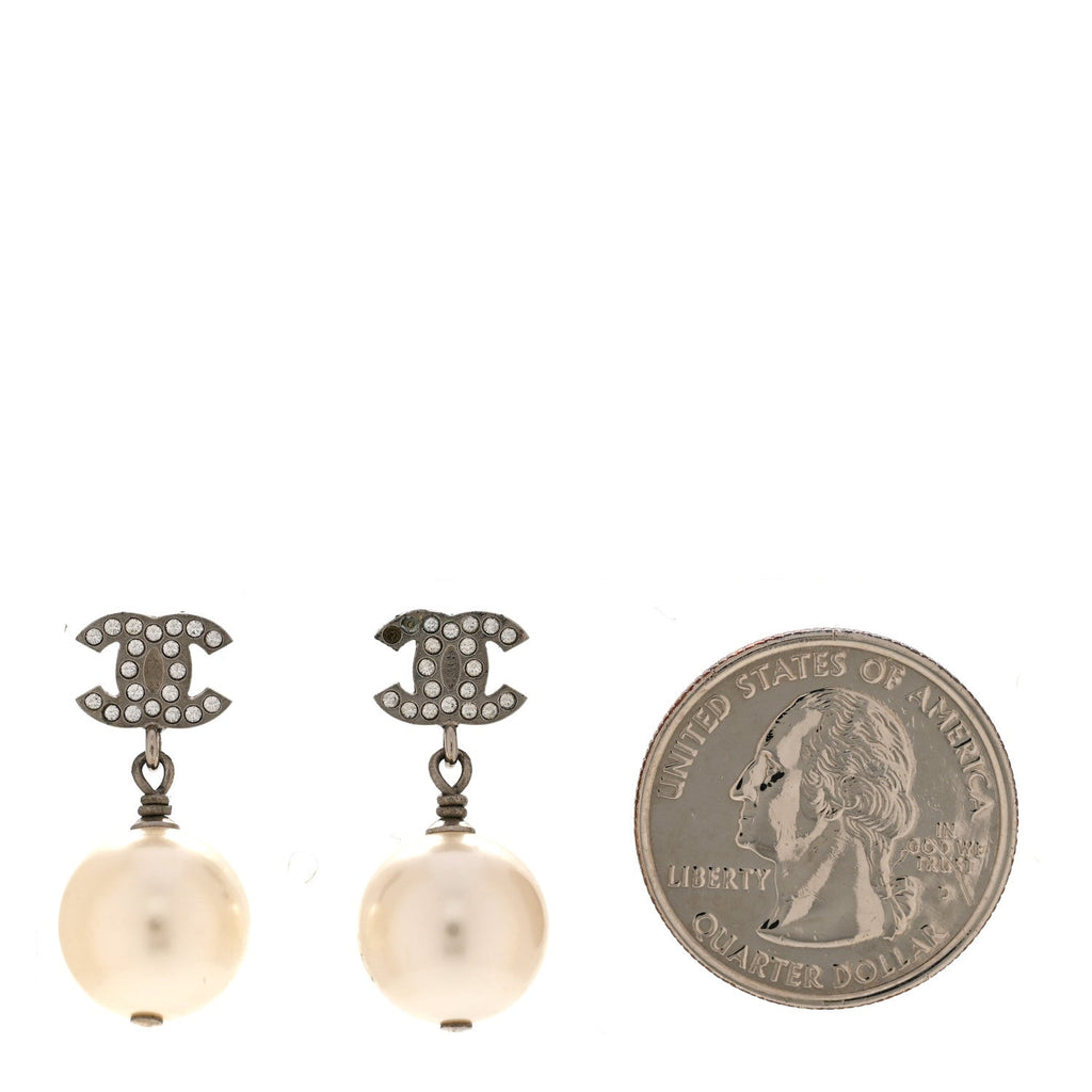 Crystal Pearl CC Drop Earrings Silver Pearly White