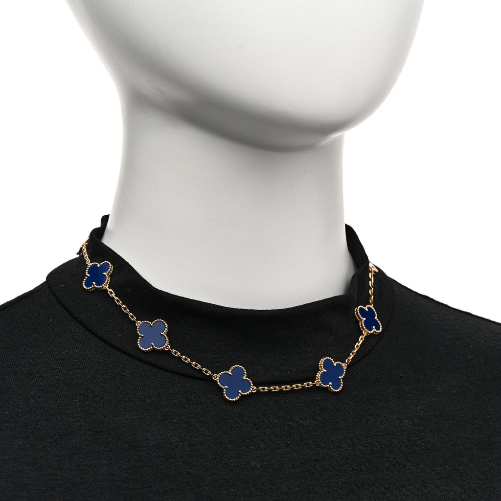 18K Yellow Gold Blue Agate 10 Motifs Vintage Alhambra Necklace