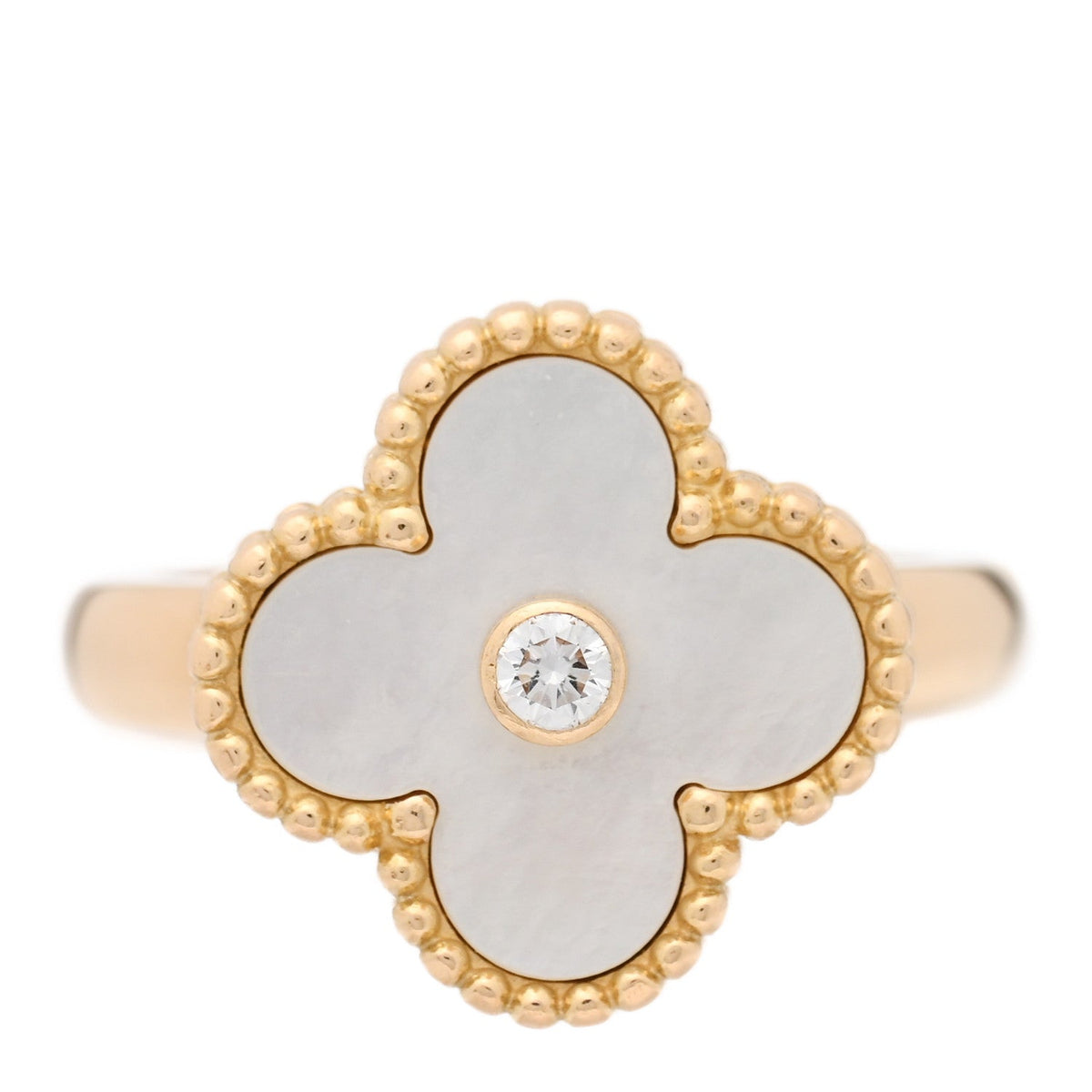 18K Yellow Gold Diamond Mother of Pearl Vintage Alhambra Ring 53 6.25