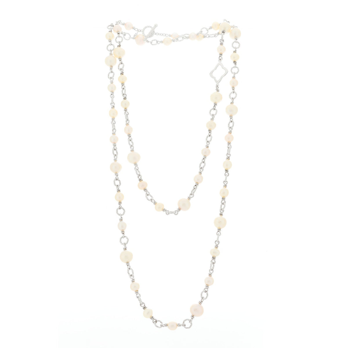 Sterling Silver Cultured Pearl Quatrefoil Long Chain Necklace