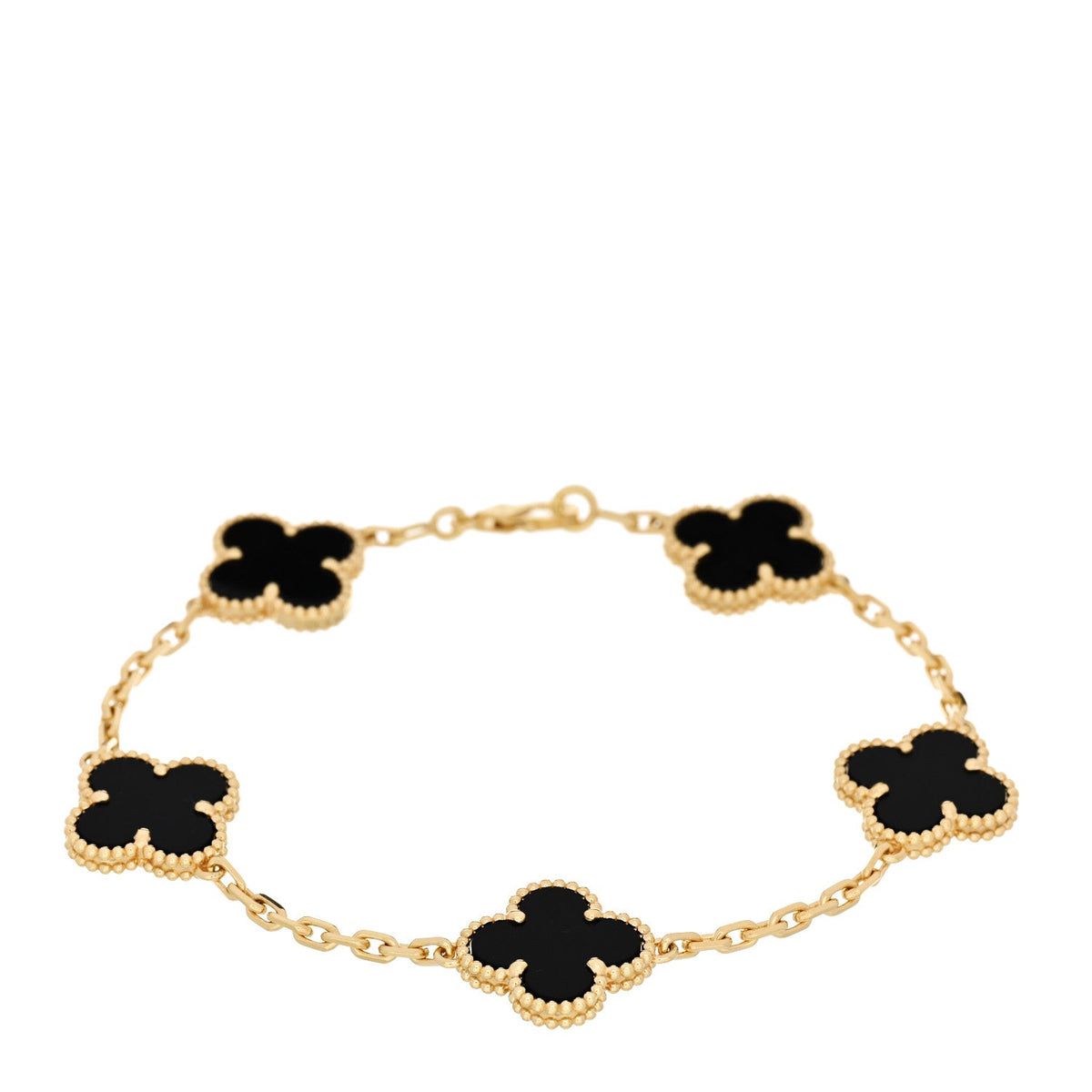 18K Yellow Gold Black Onyx 5 Motifs Vintage Alhambra Bracelet