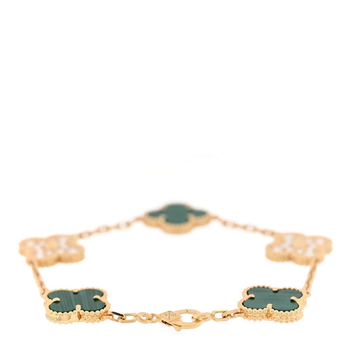 18K Yellow Gold Diamond Malachite 5 Motifs Vintage Alhambra Bracelet
